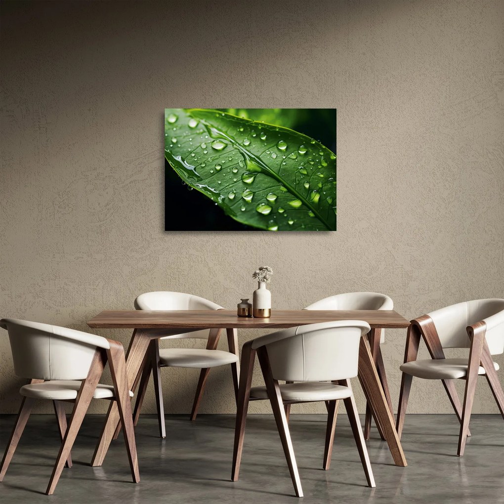 Tablou pe sticlă - Frunză după ploaie (70x50 cm)