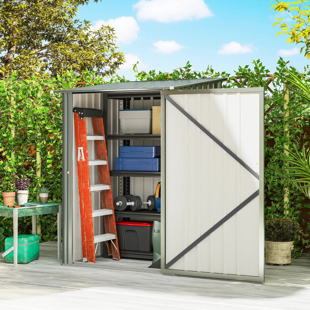 Outsunny Căsuță de Grădină 0,92m² din Oțel Galvanizat, Căsuță pentru Unelte cu Ușă Blocabilă și Acoperiș Înclinat, 100x104x160 cm, Argintiu Gri | Aosom Romania