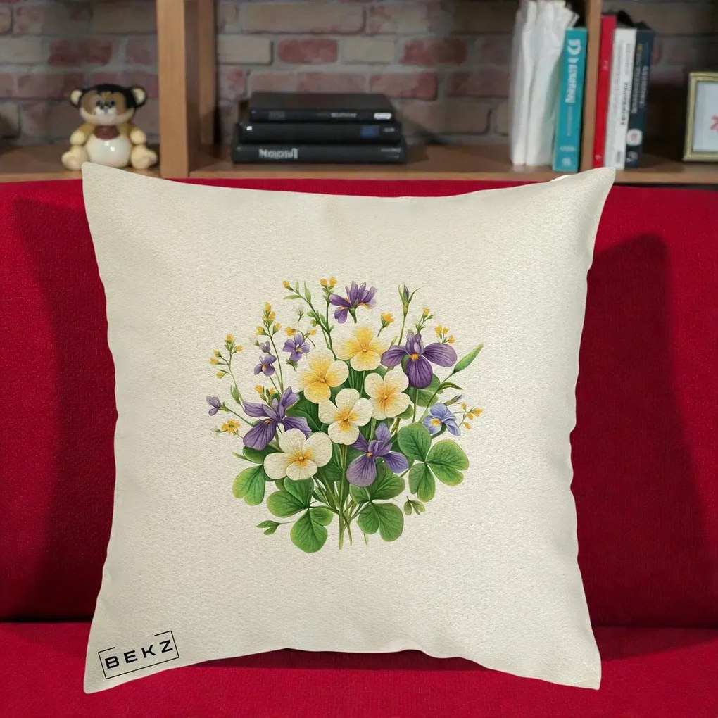 Perna Decorativa Viorele Iris Violet si Trifoi, 40x40 cm, Ecru, Husa Detasabila, Perna Inclusa, BEKZ®