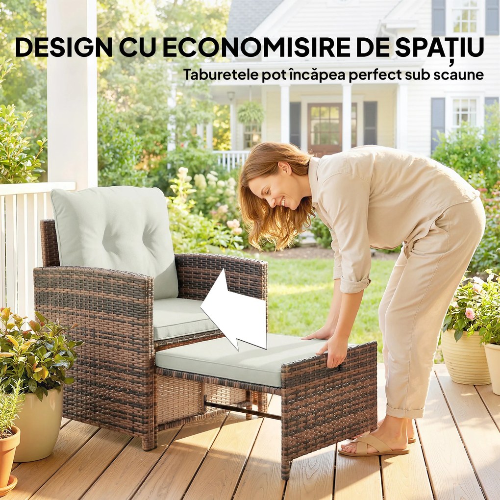 Outsunny Set de Mobilier de Grădină din Rattan 5 Piese, Set de Mobilier Exterior cu 2 Suporturi pentru Picioare, 2 Fotolii, Masă de Cafea cu 2 Niveluri, Perne, pentru Balcon, Terasă, Patio, Maro/Crem | Aosom Romania