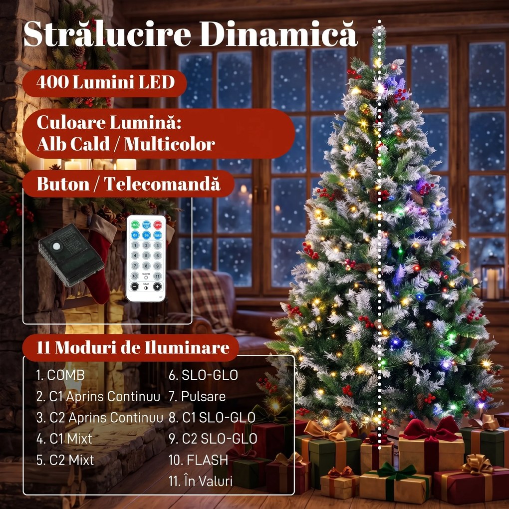 HOMCOM Brad de Crăciun Înzăpezit 210 cm, 400 de Lumini LED Bicolore, Telecomandă, 11 Modalități, 1253 de Ramuri, Conuri de Pin, Fructe Roșii | Aosom Romania