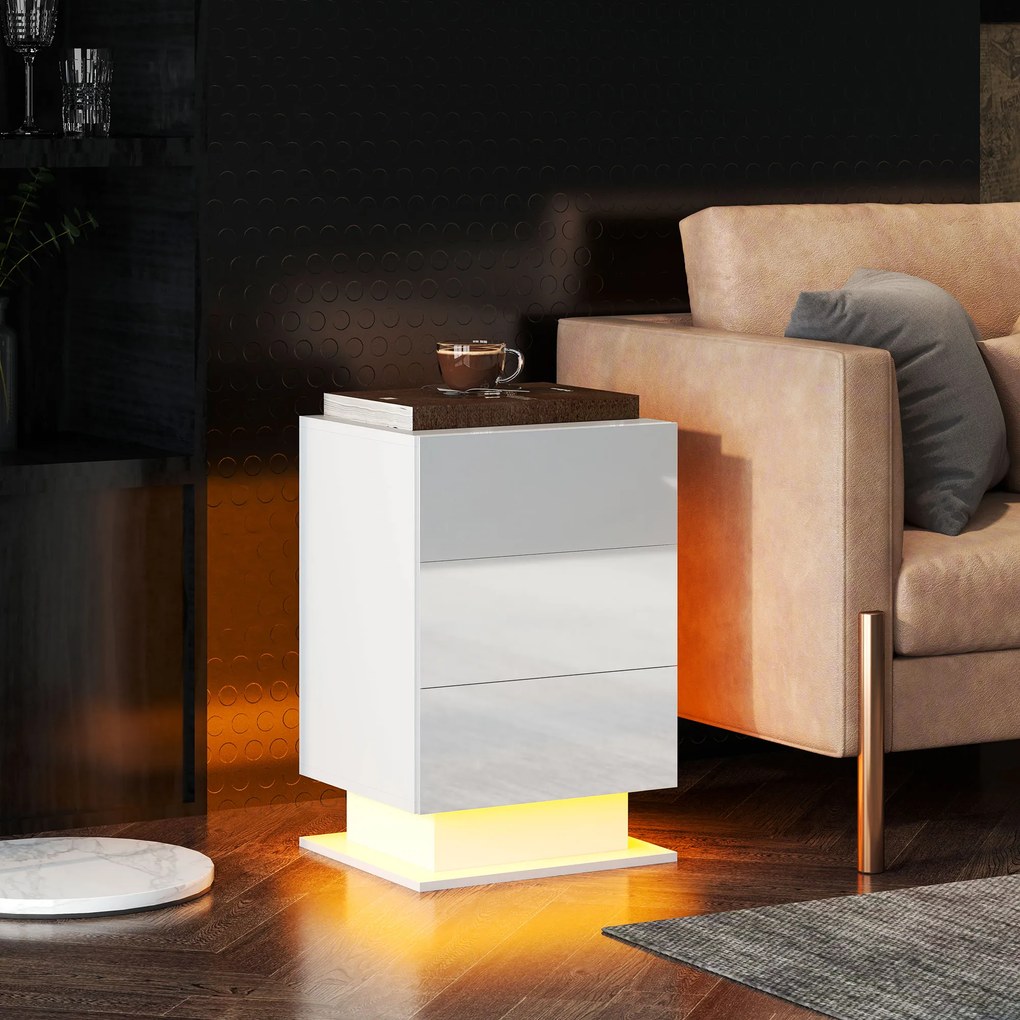 HOMCOM Noptieră cu Lumini LED Reglabile, 3 Sertare și Telecomandă, 40x35x60 cm, Alb | Aosom Romania