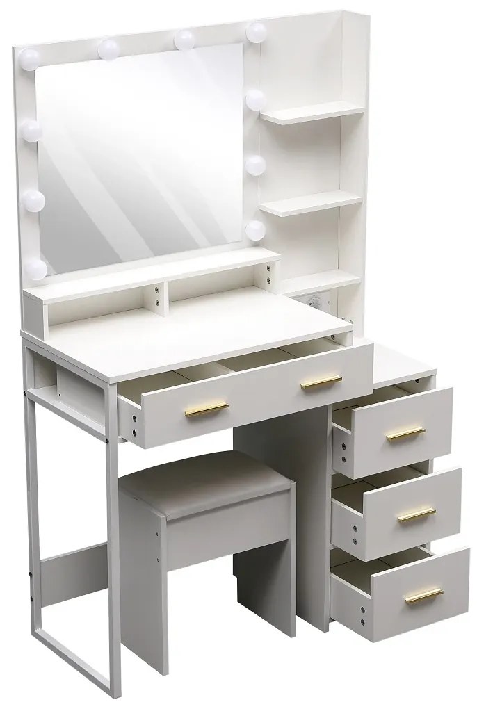 Set FREYA – Masă de Toaletă pentru Machiaj, Oglindă 10 becuri LED, Iluminare reglabila, Sertare, Rafturi, modul incarcare dubla priza+USB, Scaun, Alb