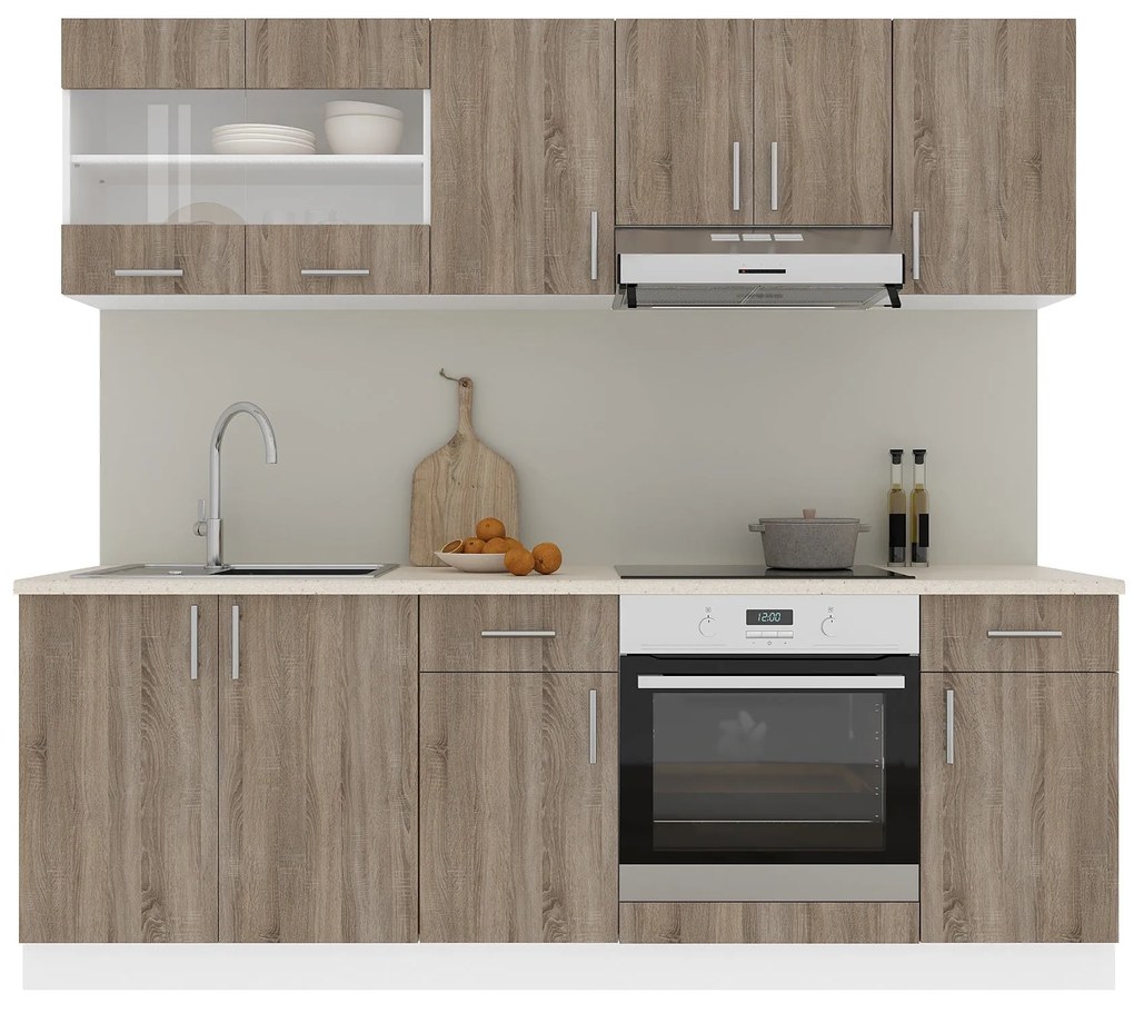 Set Bucatarie Karo V13, Stejar Sonoma Inchis/Alb, Blat Thermo 28 mm, L 220 cm