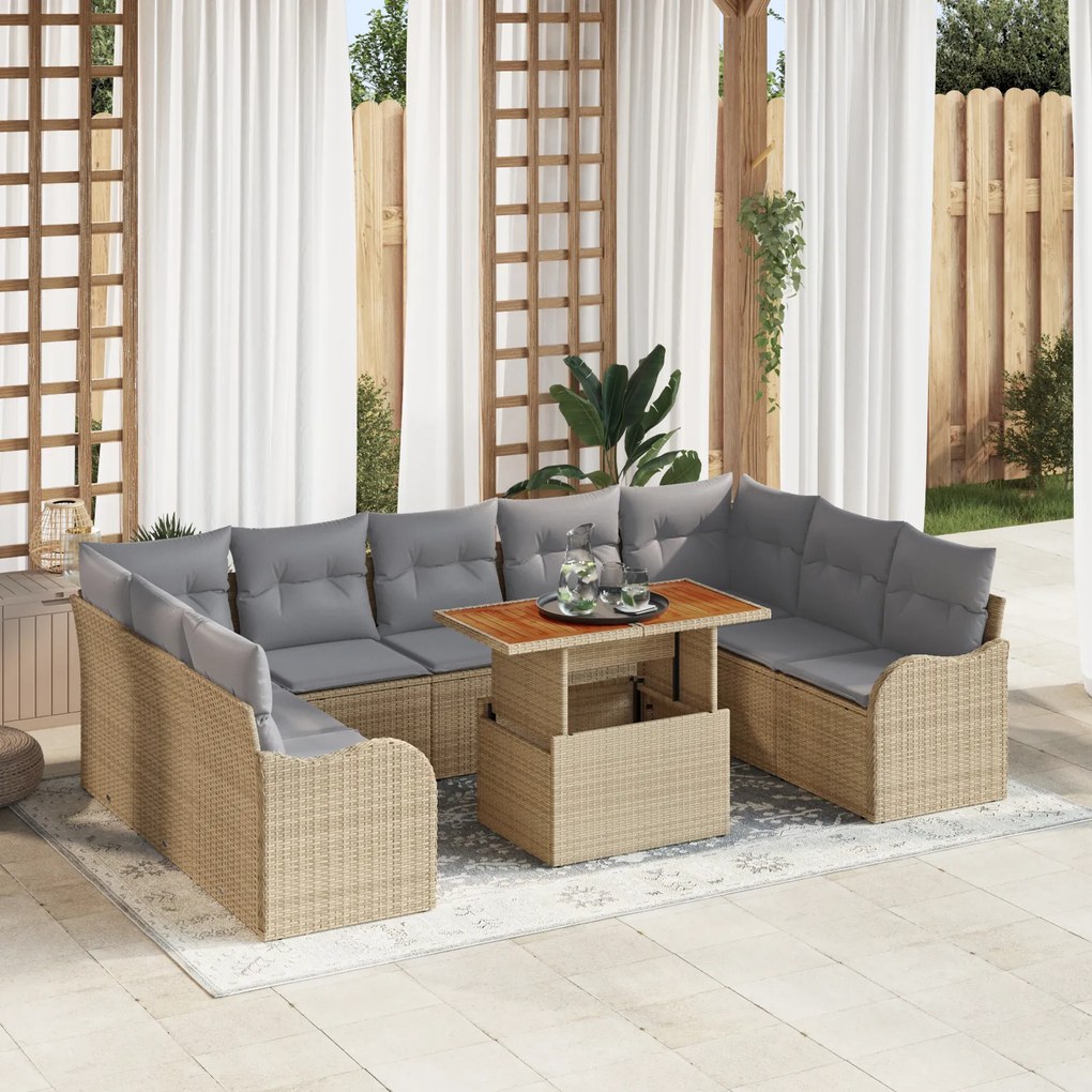 vidaXL Set Canapea Grădină cu 10 Piese cu Perne Bej Ratan Poli Acacia