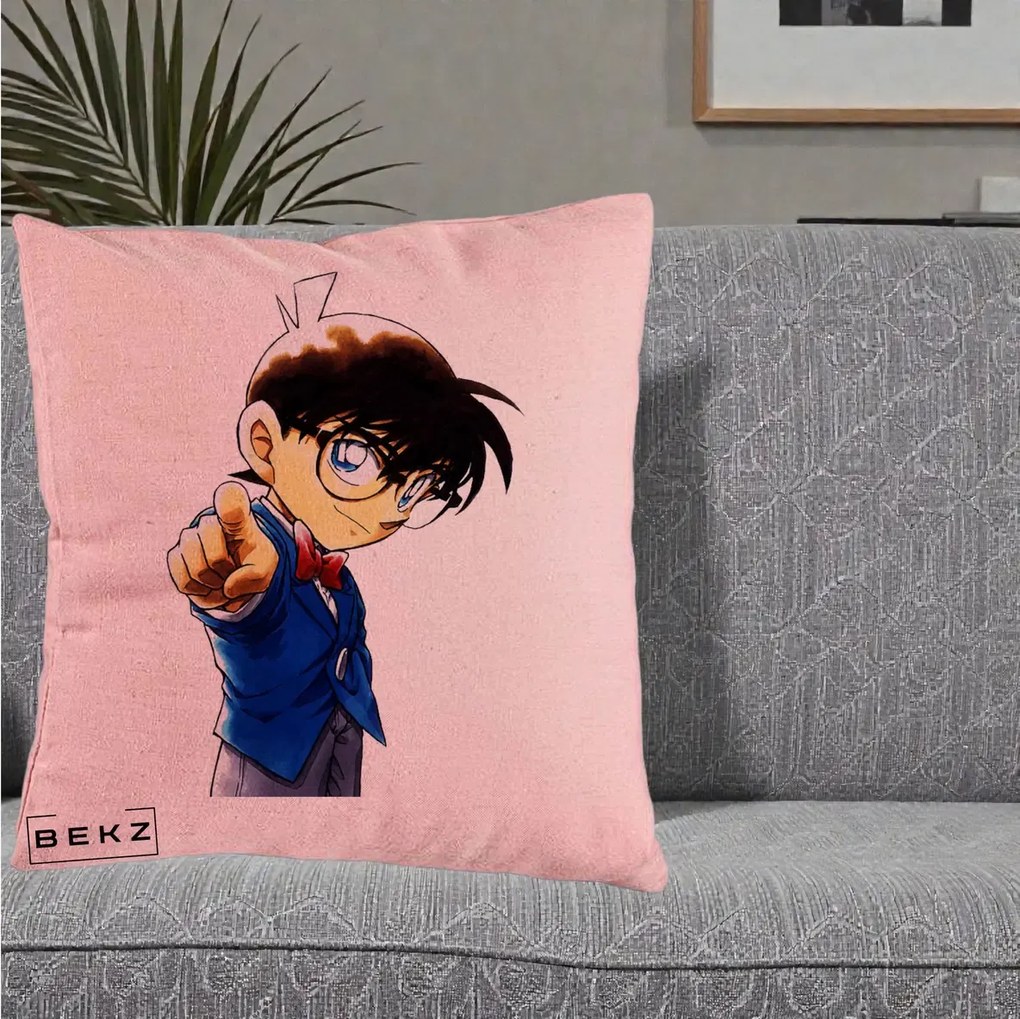 Perna Personalizata Detective Conan Conan Arata, 40x40 cm, Roz, Husa Detasabila, Perna Inclusa, BEKZ®