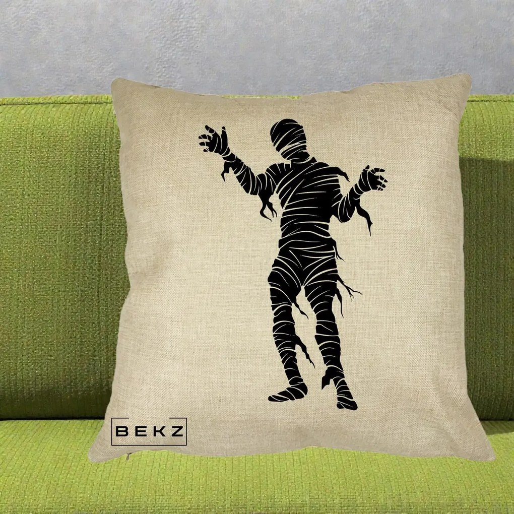 Perna Decorativa Mormii Infricosat Silueta Neagra Halloween, 40x40 cm, Crem, Husa Detasabila, Perna Inclusa, BEKZ®