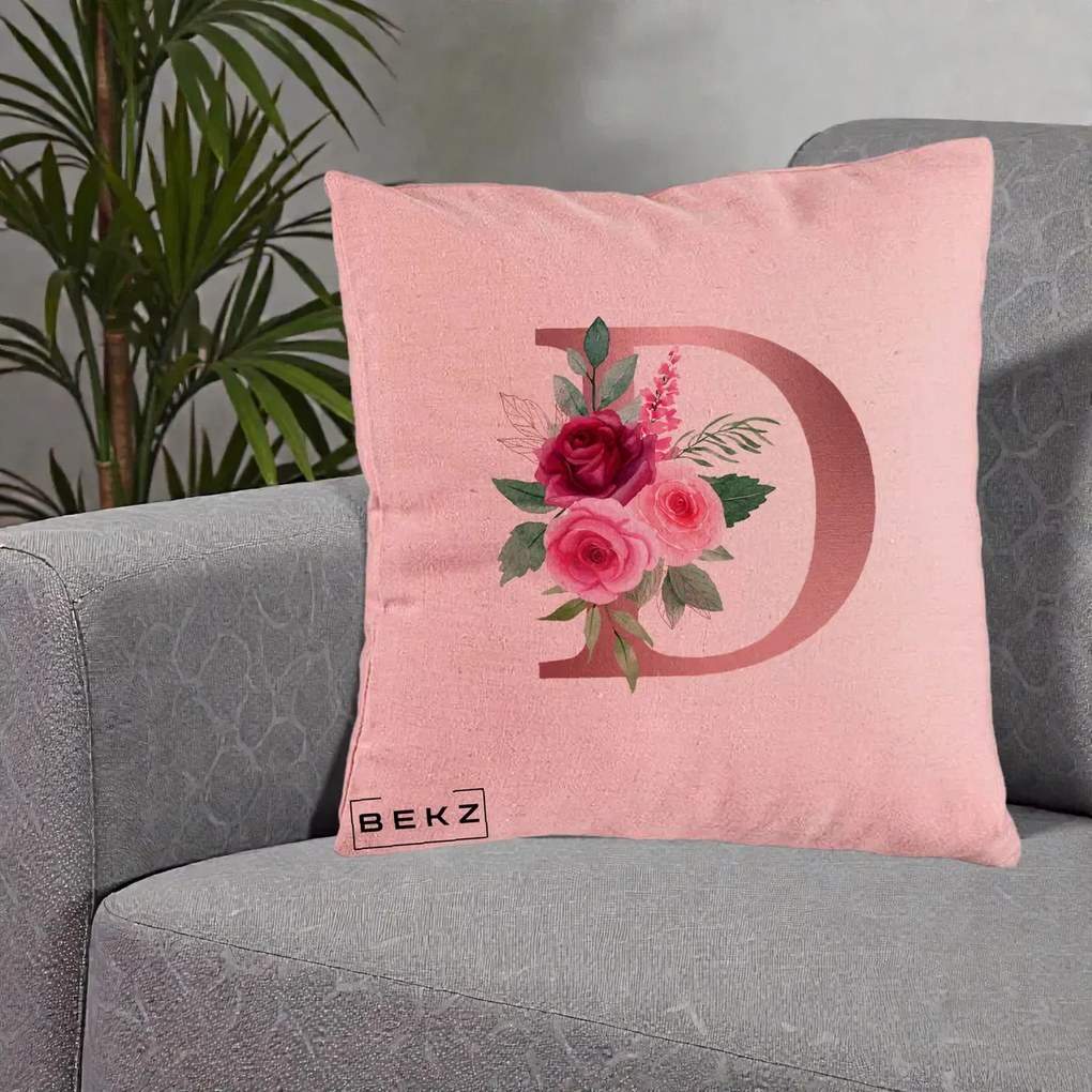 Cadou Personalizat - Perna Personalizata Monograma Rose Gold Litera D, 40x40 cm, Roz, Husa Detasabila, Perna Inclusa, BEKZ®