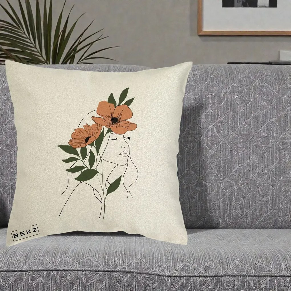 Perna Decorativa Portret Feminin Doua Maci Terracotta, 40x40 cm, Ecru, Husa Detasabila, Perna Inclusa, BEKZ®