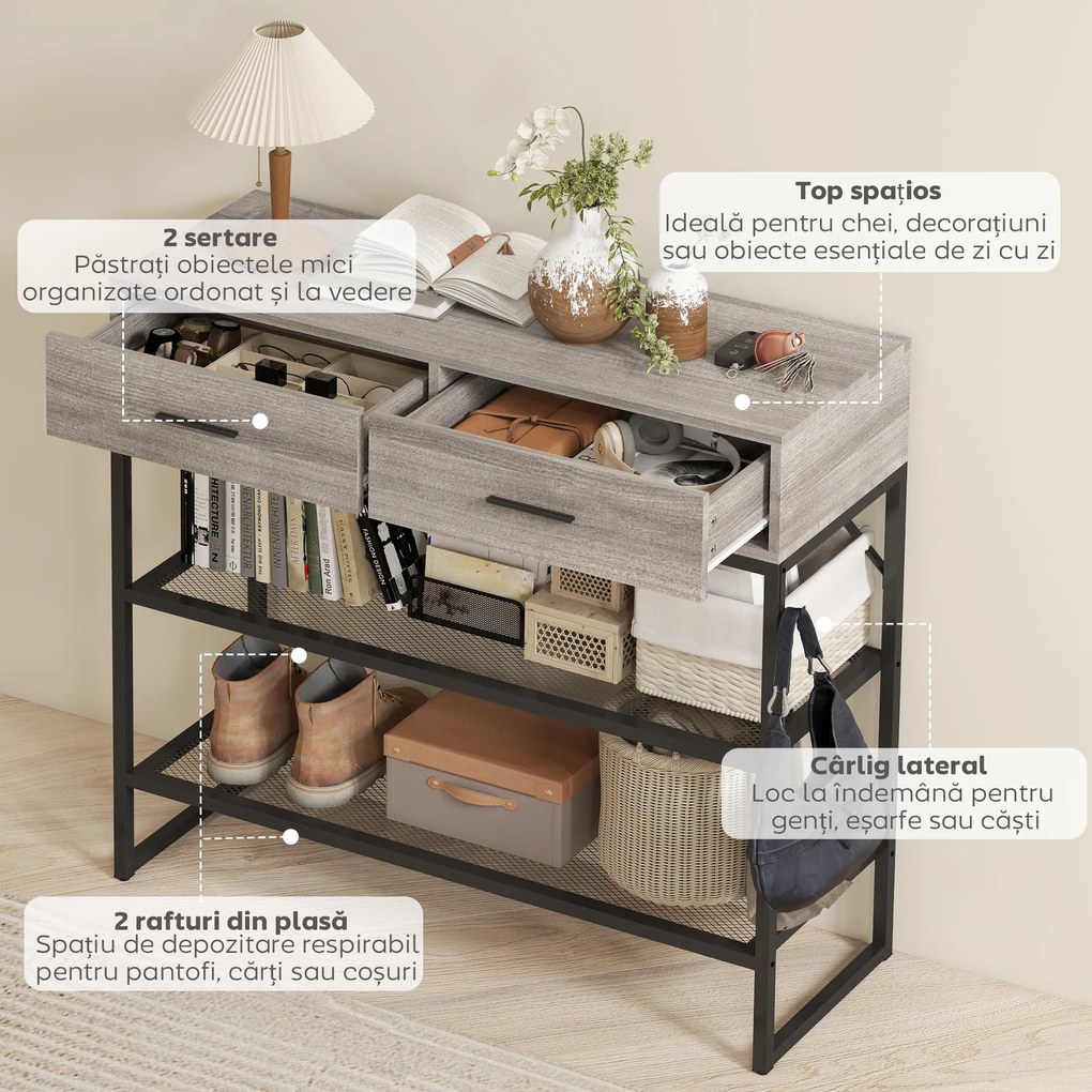HOMCOM Console Table with 2 Drawers and 2 Mesh Shelves, Hallway Table with Metal Frame for Living Room, Entryway, Light Grey Wood Effect | Aosom Romania