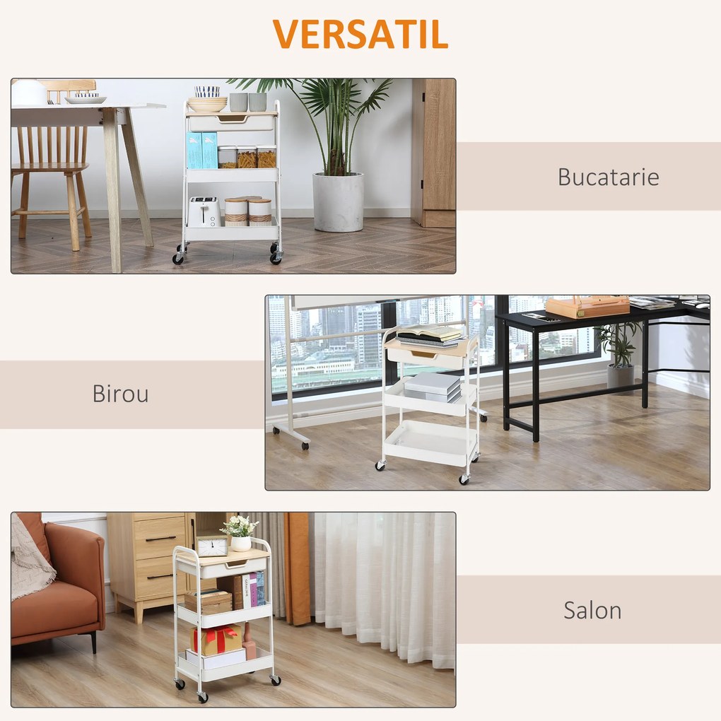 HOMCOM Masă de bucătărie cărucior de servire 2 rafturi sertar tavă aspect de lemn deschis oțel PP alb | Aosom Romania