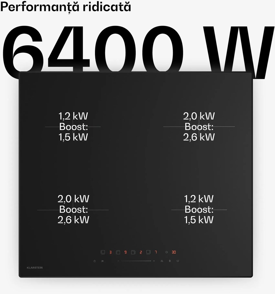 Klarstein Plită cu inducție Velaire, elegantă, minimalistă, puternică, 4 zone de gătit, 7000 W, 60 cm