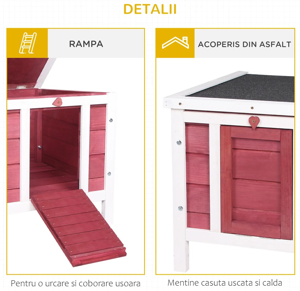 PawHut Colivă Lemn Exterior pentru Rozătoare, Acoperiș și Rampa Reglabilă, 42x51x43cm, Roșu | Aosom Romania