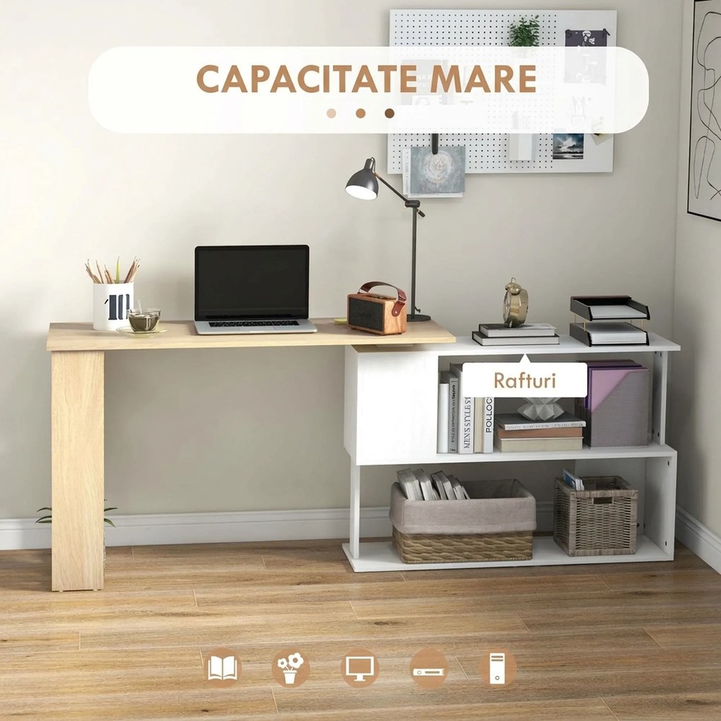 HOMCOM Birou de colț cu blat rotativ 360° și 5 rafturi, 120x110x74,5 cm, culoare lemn, alb | Aosom Romania