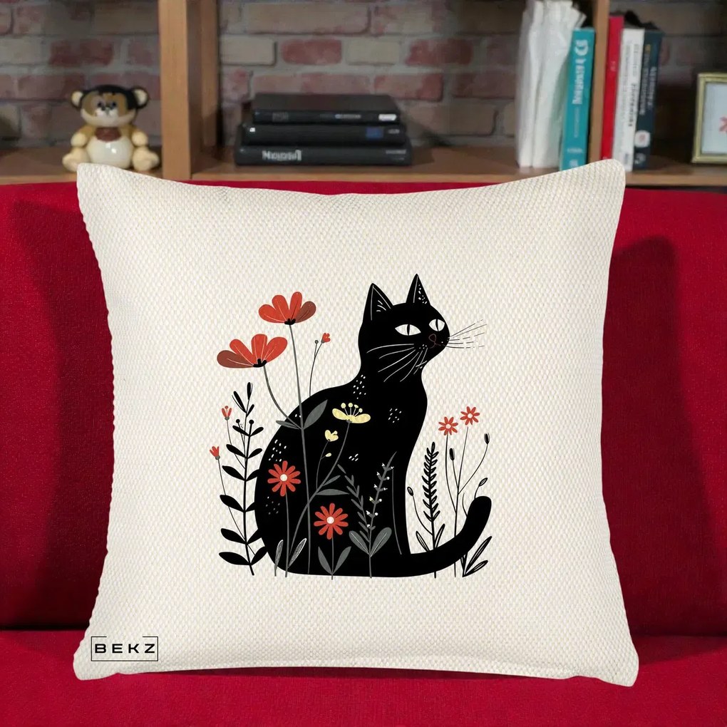 Perna Decorativa Pisica Neagra Flori Rosii Folk, 40x40 cm, Crem Reliefat, Husa Detasabila, Perna Inclusa, BEKZ®