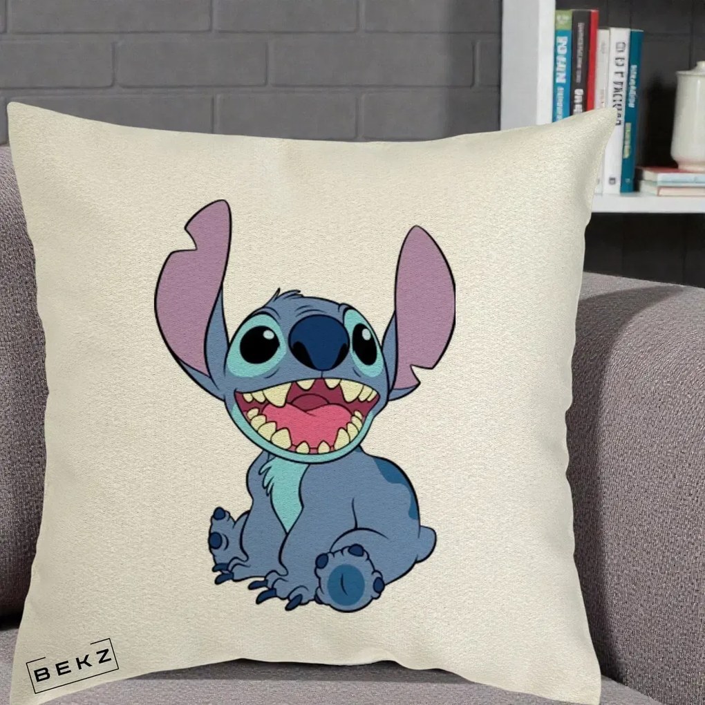 Perna Personalizata Stitch Zambitor, 40x40 cm, Ecru, Husa Detasabila, Perna Inclusa, BEKZ®