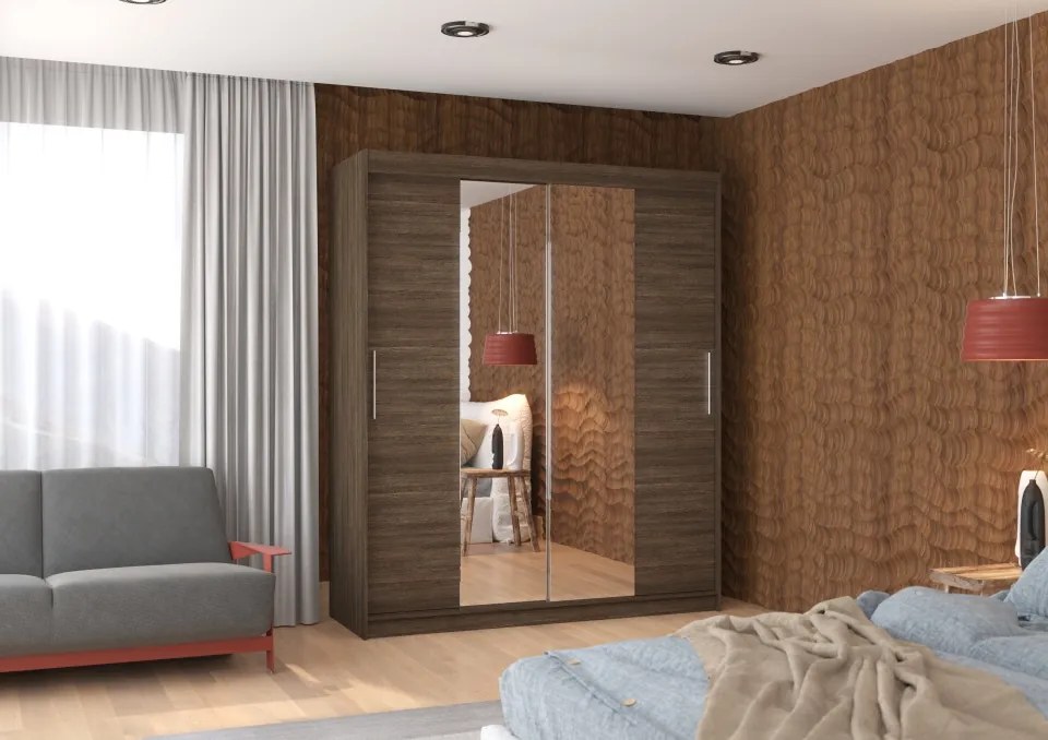Dulap cu uși glisante DALLAS – cu oglindă – 180x58x215 cm – Ciocolatiu