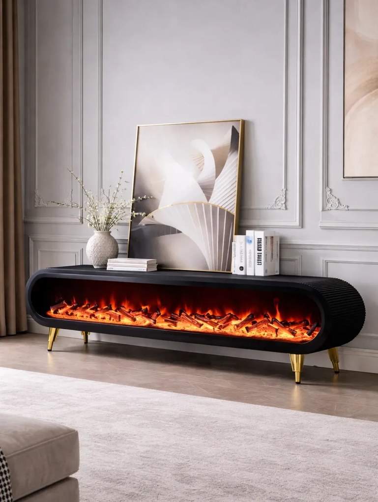 Șemineu electric cu efect LED realist, Comodă TV cu design oval, control vocal și telecomandă, fără încălzire, 180 cm, Negru