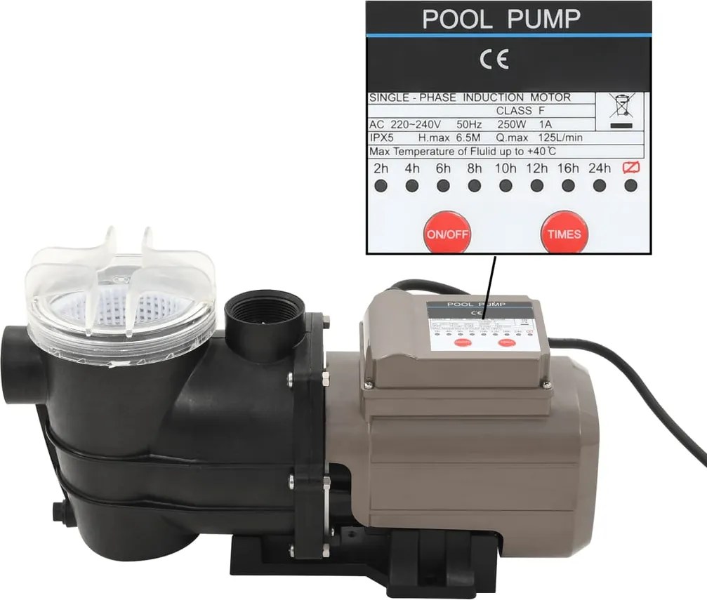 vidaXL Pompă de piscină cu temporizator, negru, 0,25 CP, 8000 L/h