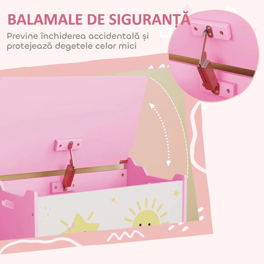 AIYAPLAY Cutie pentru Jucării cu Capac, Balama de Siguranță și Mânere Groove, Organizator pentru Depozitarea Jucăriilor pentru Copii, Camera de Zi, Sala de Joacă, Roz | Aosom Romania
