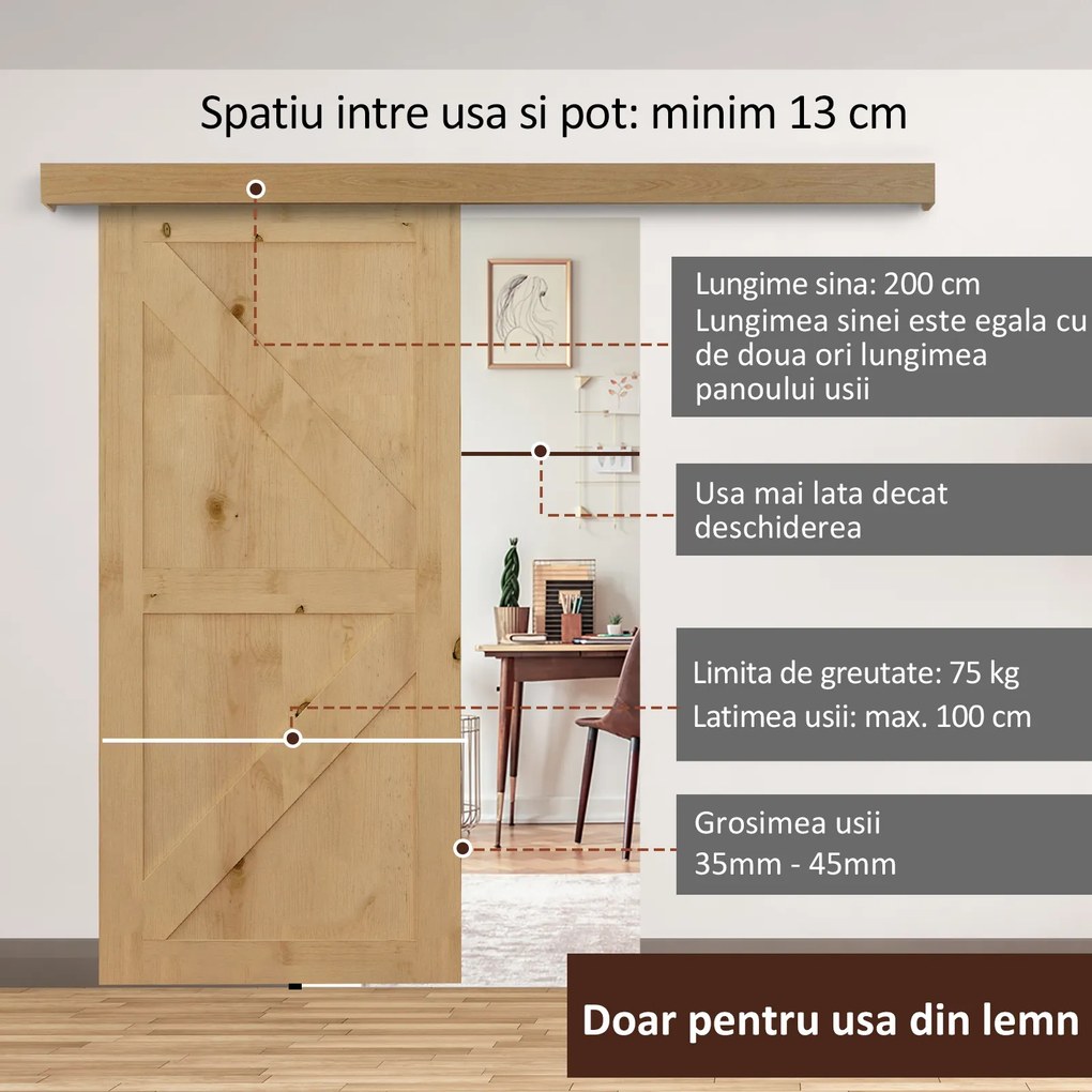 HOMCOM sina cu set de accesorii pentru usi glisante din lemn rustic | Aosom Romania
