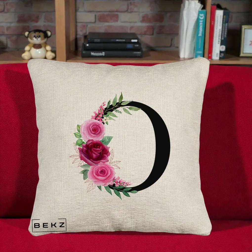 Cadou Personalizat - Perna Personalizata Monograma Florala Litera O, 40x40 cm, Bej Canapea, Husa Detasabila, Perna Inclusa, BEKZ®