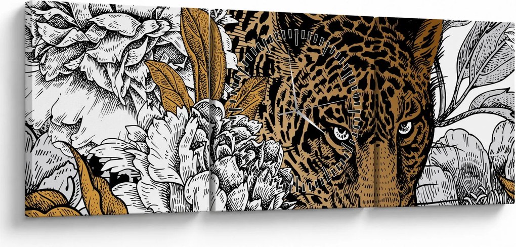 Tablou - Leopard între flori (cu ceas) (90x30 cm)