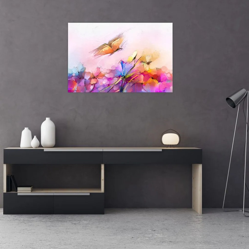Tablou - Fluture asupra florilor, abstracție (90x60 cm)