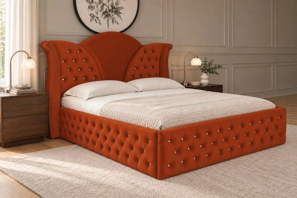 Pat tapițat Chesterfield din catifea Velora Deluxe 180×200 cm, cărămiziu, cu ladă de depozitare