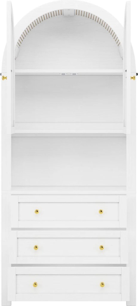 Dulap de depozitare înalt cu arc, cu 3 sertare, uși și compartiment deschis pentru expunere, pentru bucătărie și living, 70x35x180 cm, Alb