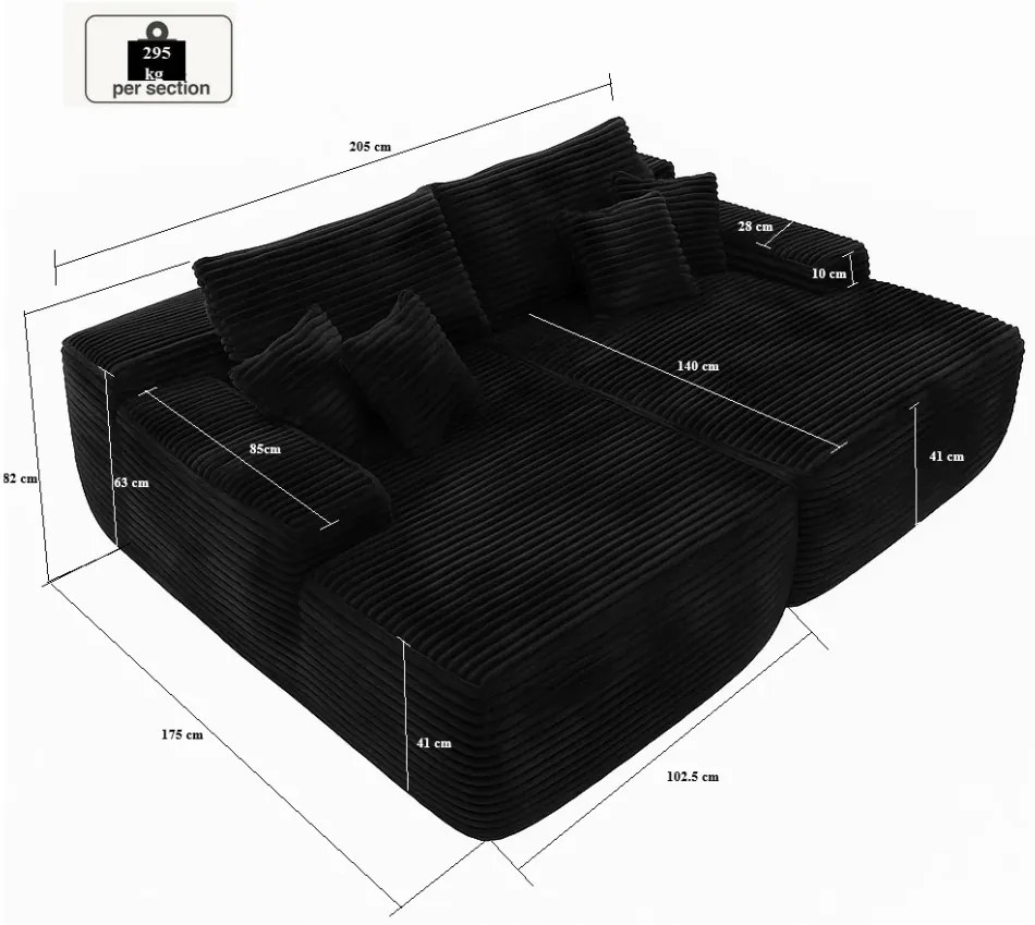 Canapea modulară, din spumă de înaltă densitate, fără asamblare, țesătură din velur, Negru