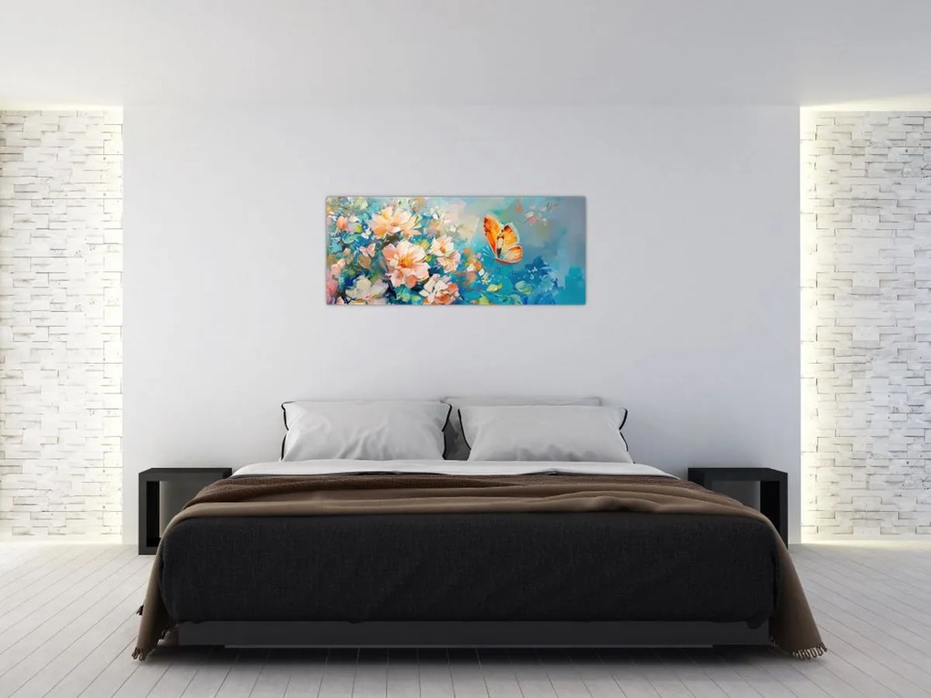 Tablou - Fluture și flori, pictură în ulei II. (120x50 cm)