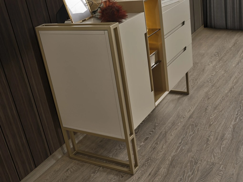 Set dormitor cu pat, noptiere, dulap, comoda din mdf crem si picioare metalice - riva