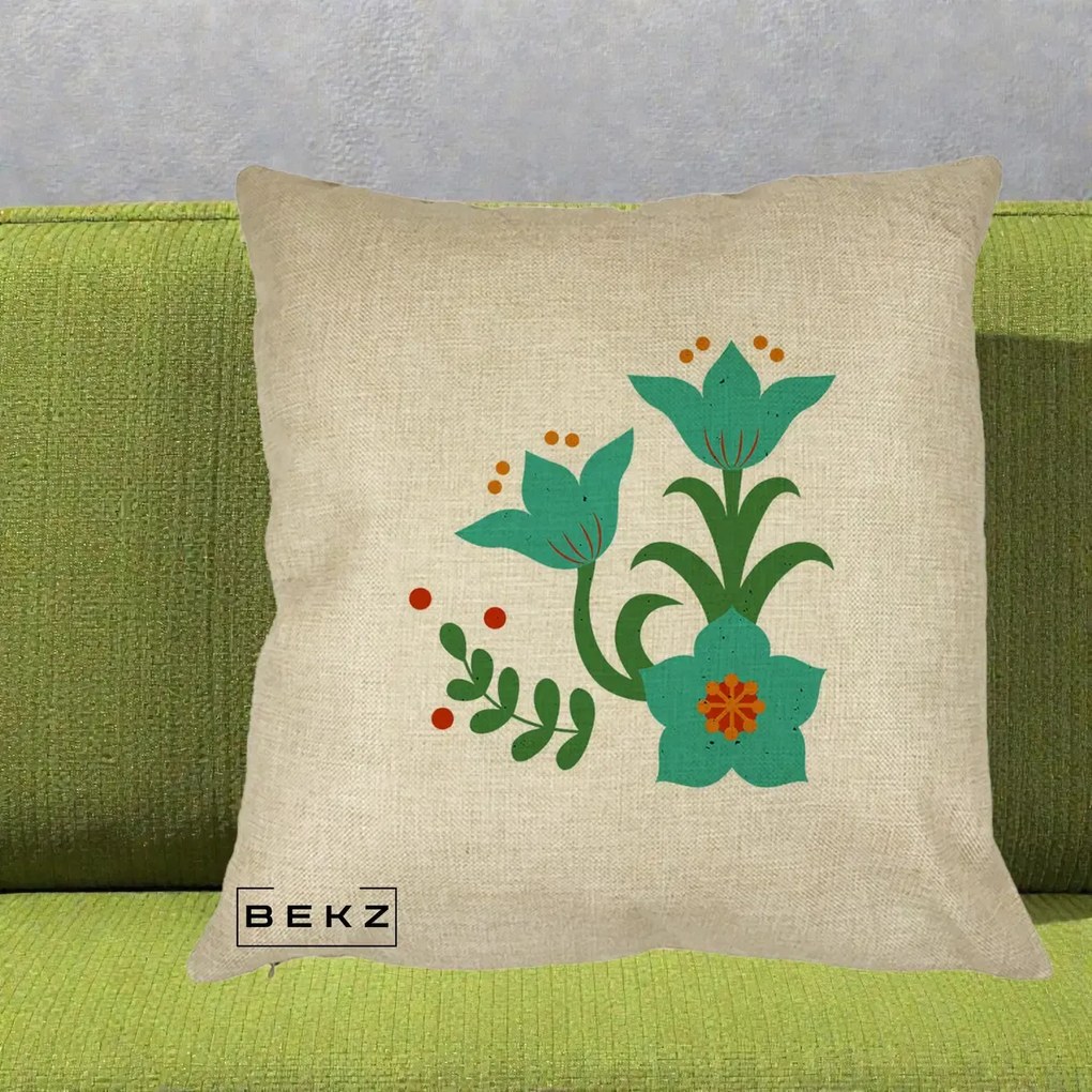 Perna Decorativa Flori Stilizate Folk Turcoaz, 40x40 cm, Crem, Husa Detasabila, Perna Inclusa, BEKZ®
