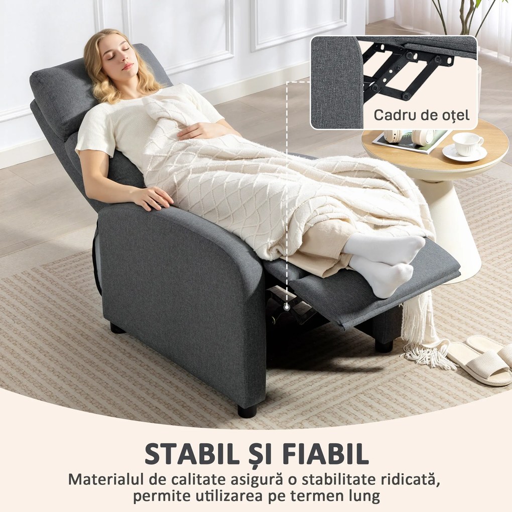 HOMCOM Fotoliu Relax și Reclinabil la 135° cu Suport de Picioare în Material Textil, 69x87x100.5 cm, Gri | Aosom Romania