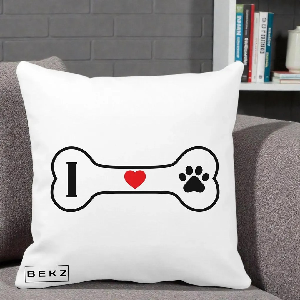 Perna Personalizata I Love Dog Os si Labuta, 40x40 cm, Alba Mata, Husa Detasabila, Perna Inclusa, BEKZ®