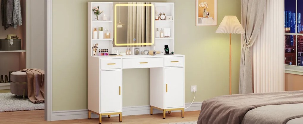 SEA1 - Set Masa toaleta 104 cm, cu 3 sertare, Cu Priza, USB si USB-C, cosmetica, machiaj, oglinda cu LED, masuta vanity, make-up - Alb