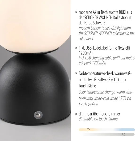 Schöner Wohnen 19218-18 - Lampă de masă LED RUDI, cu dimmer, LED/1,2W/5V, neagră