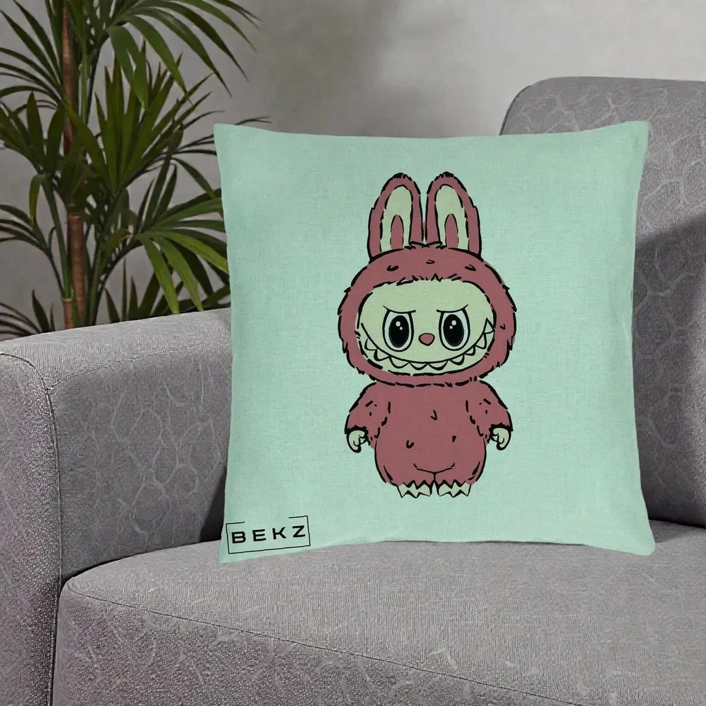 Perna Personalizata Labubu Roz Solo, 40x40 cm, Verde Menta, Husa Detasabila, Perna Inclusa, BEKZ®
