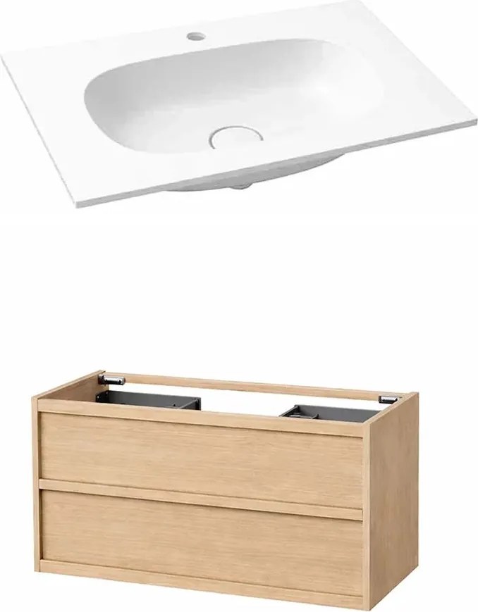 Set dulap baza suspendat KolpaSan Storia 2 sertare 100 cm finisaj acacia cu lavoar compozit Kerrock alb