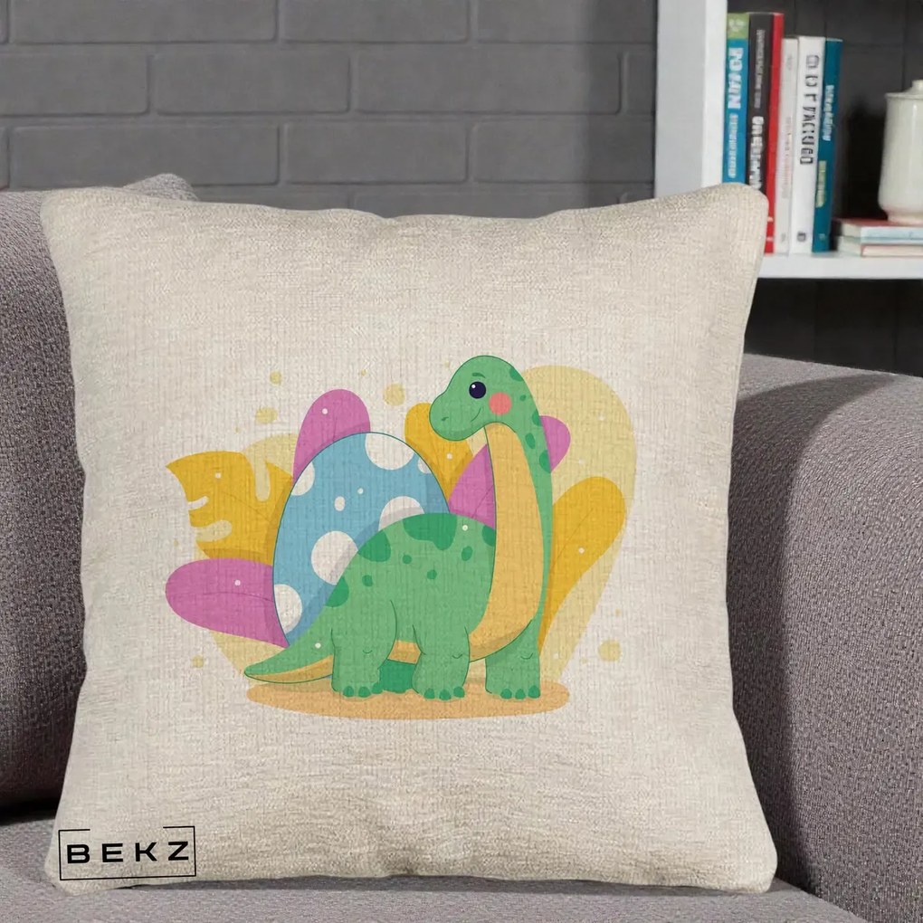 Perna Personalizata Dinozaur cu Ou Pastelat, 40x40 cm, Bej Canapea, Husa Detasabila, Perna Inclusa, BEKZ®