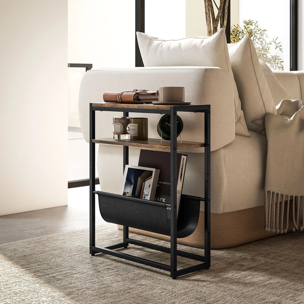 HOMCOM Măsuță De Living Îngustă cu 2 Rafturi, Suport Reviste V, PAL Oțel, 43x18x56 cm, Maro Rustic | Aosom Romania