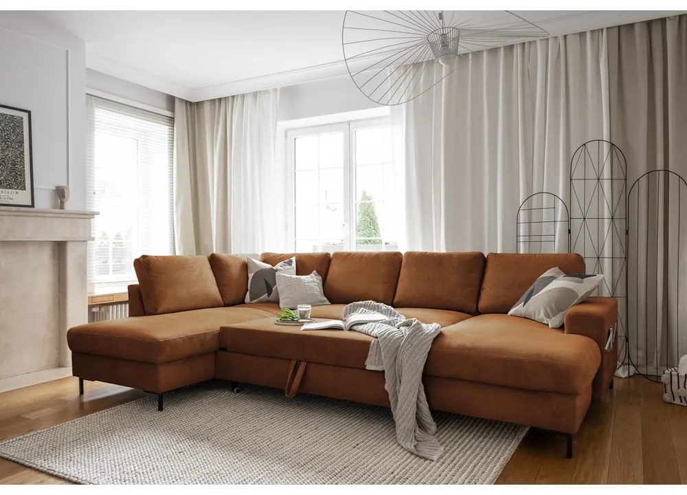 Colțar portocaliu/maro extensibil cu tapițerie din catifea reiată (cu colț pe partea stângă ) Lofty Lilly – Miuform