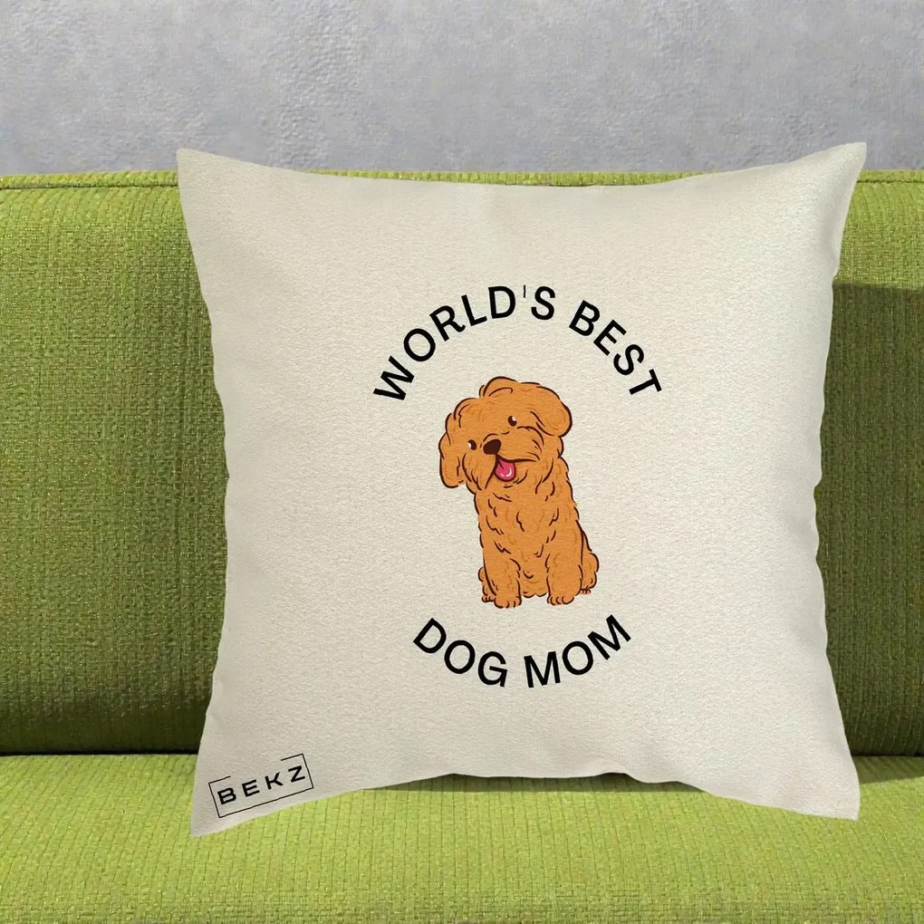 Cadou pentru Iubitorii de Caini - Perna Personalizata World's Best Dog Mom, 40x40 cm, Ecru, Husa Detasabila, Perna Inclusa, BEKZ®