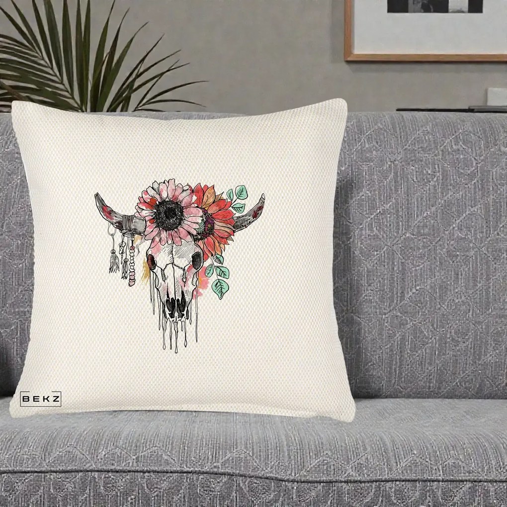 Perna Decorativa Craniu Boho Floral, 40x40 cm, Crem Reliefat, Husa Detasabila, Perna Inclusa, BEKZ®