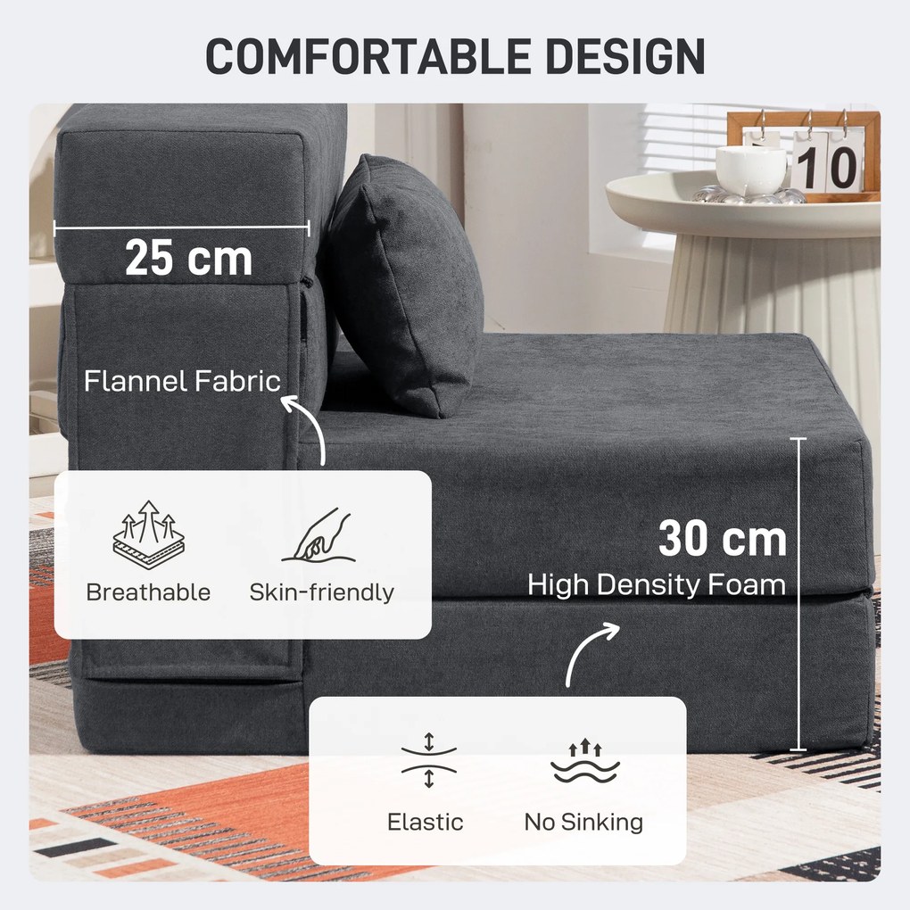 HOMCOM Fotoliu Pat Single Pliabil Modern, Fotoliu de Podea Compact Convertibil în Șezlong și Saltea, Pat pentru Living, Cameră de zi și Birou, 80x80x64 cm, Gri Închis | Aosom Romania