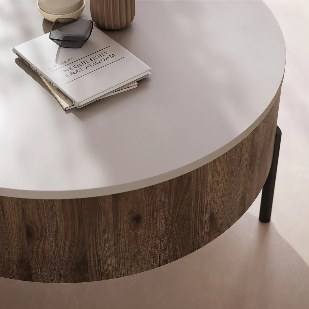 Mazzoni FRIDA Bej Taupe / Nuc Elegant – MĂSUȚĂ DE CAFEA MODERNĂ CU BLAT RABATABIL ȘI SPAȚIU DE DEPOZITARE