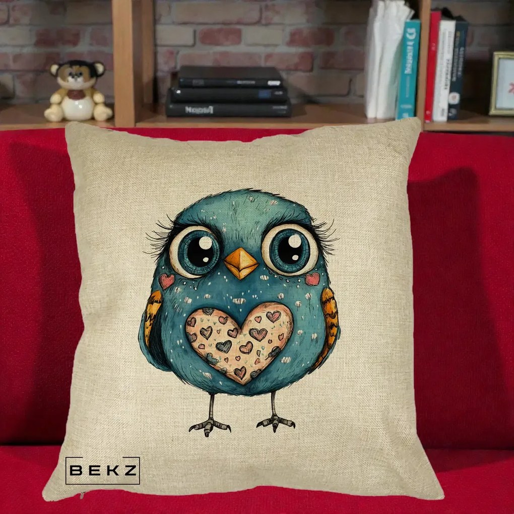 Perna Decorativa Bufnita Albastra cu Inimioare, 40x40 cm, Crem, Husa Detasabila, Perna Inclusa, BEKZ®