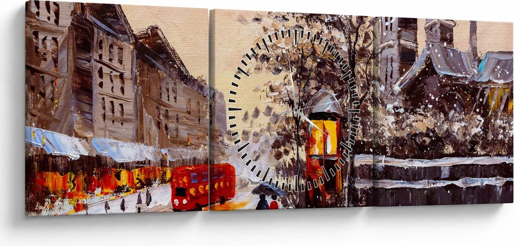 Tablou - Pictură oraș iarna (cu ceas) (90x30 cm)