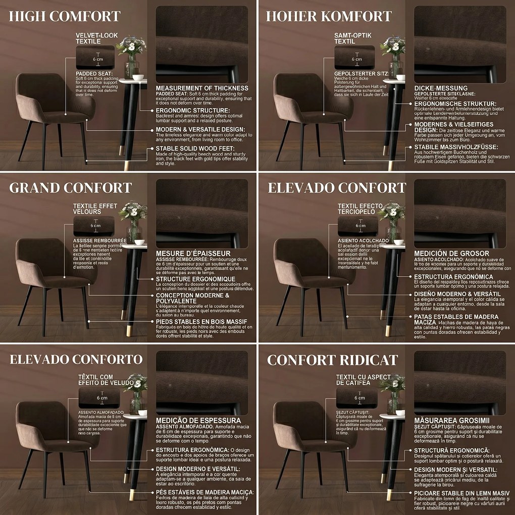 HOMCOM Set 2 Scaune de Dining Tapițate în Stil Nordic cu Brațe și Picioare din Oțel, 54x57x80 cm, Maro | Aosom Romania